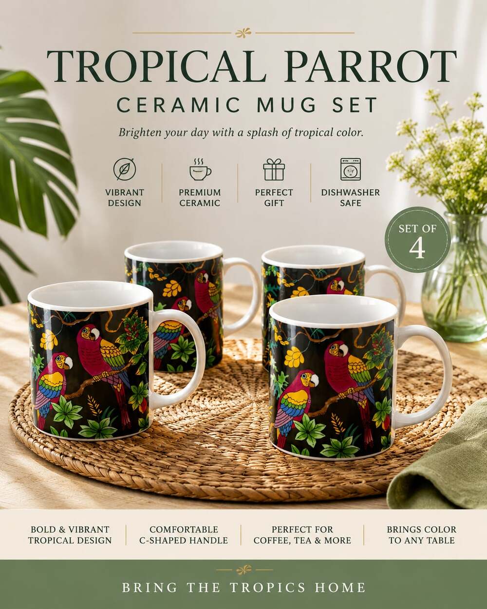 Set of 4 Vintage Tropical Parrot Jungle Print Ceramic Coffee Mugs